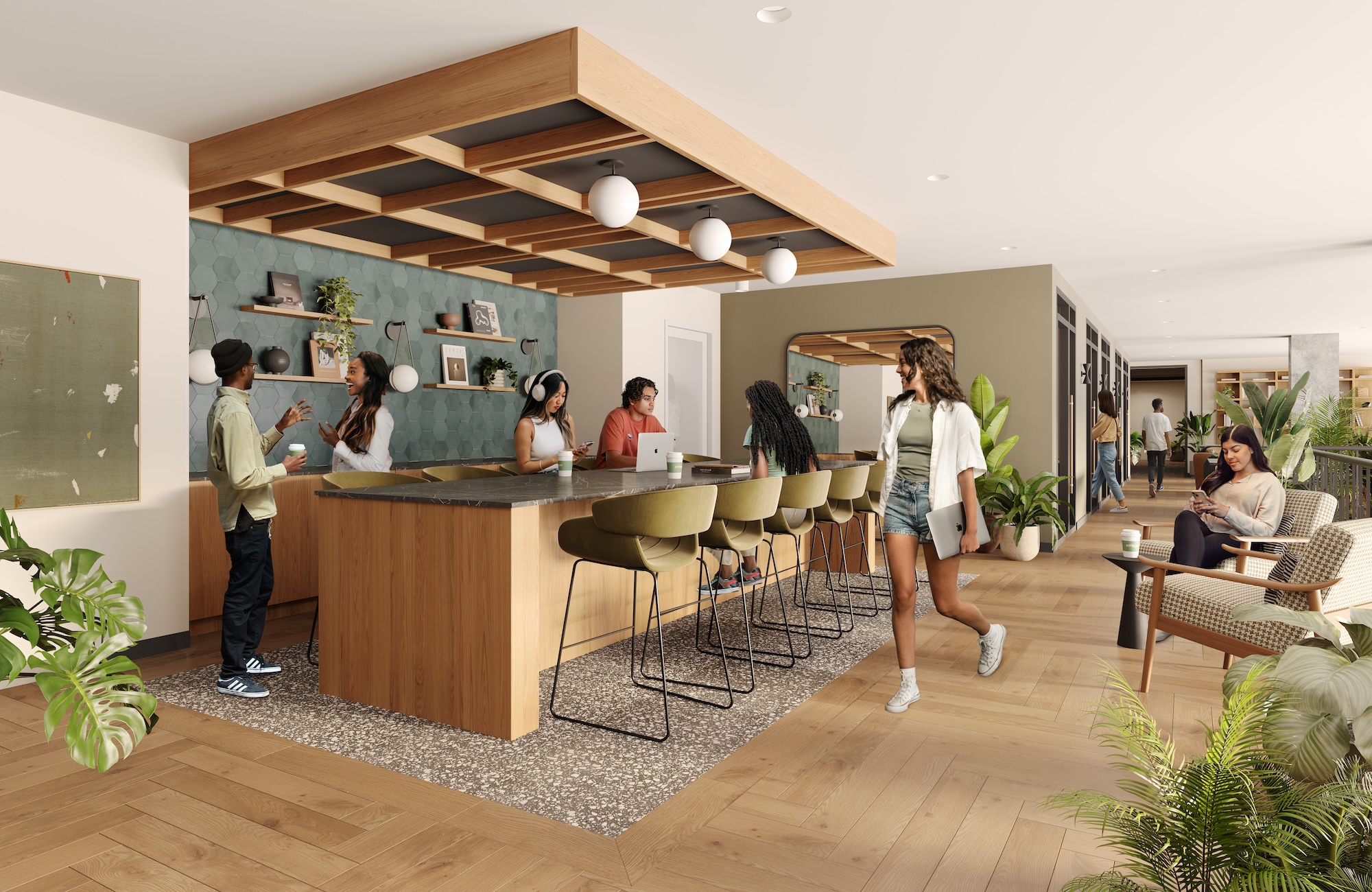 Rambler College Park study mezzanine with open seating, individual study rooms, and group study rooms for University of Maryland students