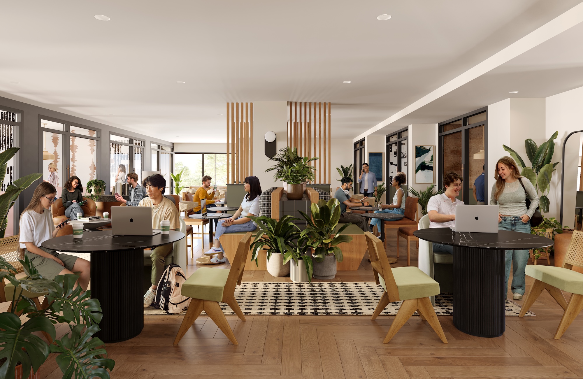 University of Maryland students studying and working together in the Rambler College Park study mezzanine